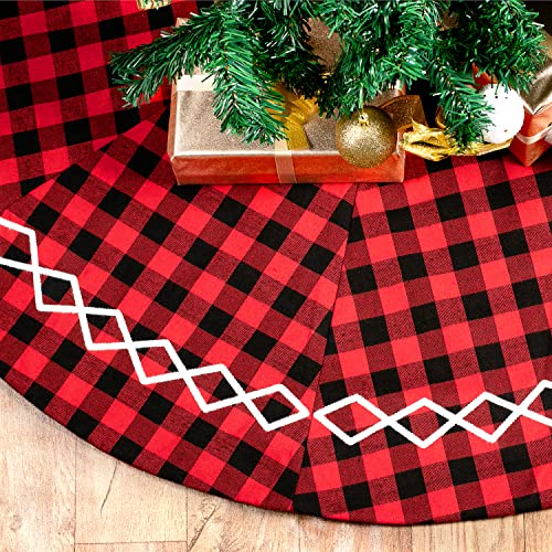 Plaid Christmas Tree Skirt - Large Xmas Red Black Buffalo Plaid Christmas Tree Skirt White Lace 48 Cotton Christmas Tree Skirt Pattern #TOP12