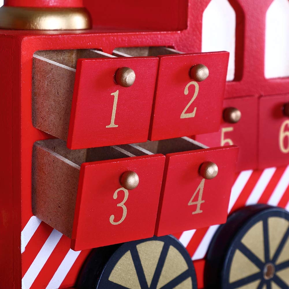 BAKAJI Calendrier de l'Avent de Noël en bois avec 24 tiroirs numérotés pour surprise, décorations de Noël, maison (train de Noël)