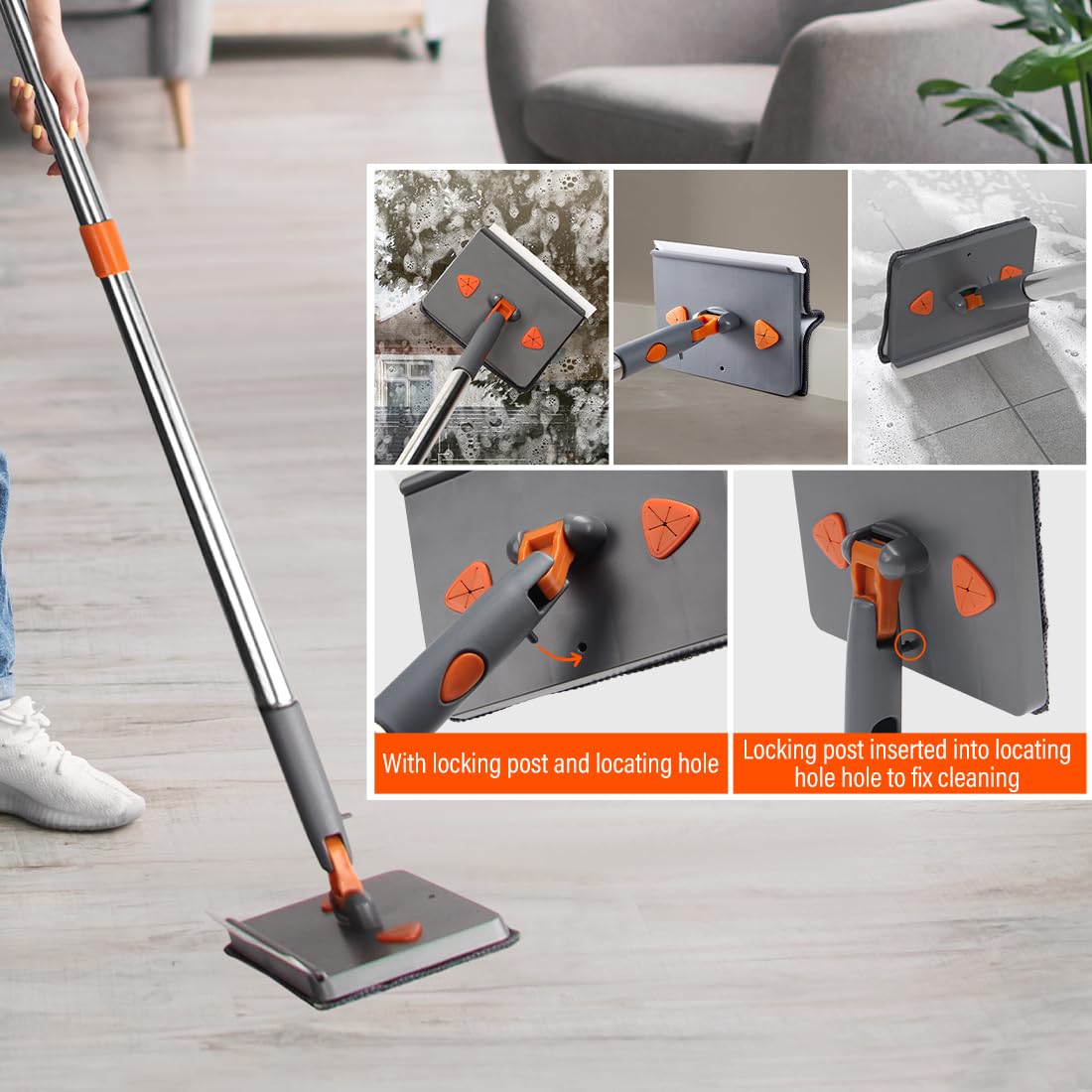 Herramienta limpiadora de zócalos con asa, Limpiador de Pared con escobilla de Goma, Herramienta de Limpieza de zócalo con Poste de extensión de 85 Pulgadas, 8 Almohadillas de Repuesto para