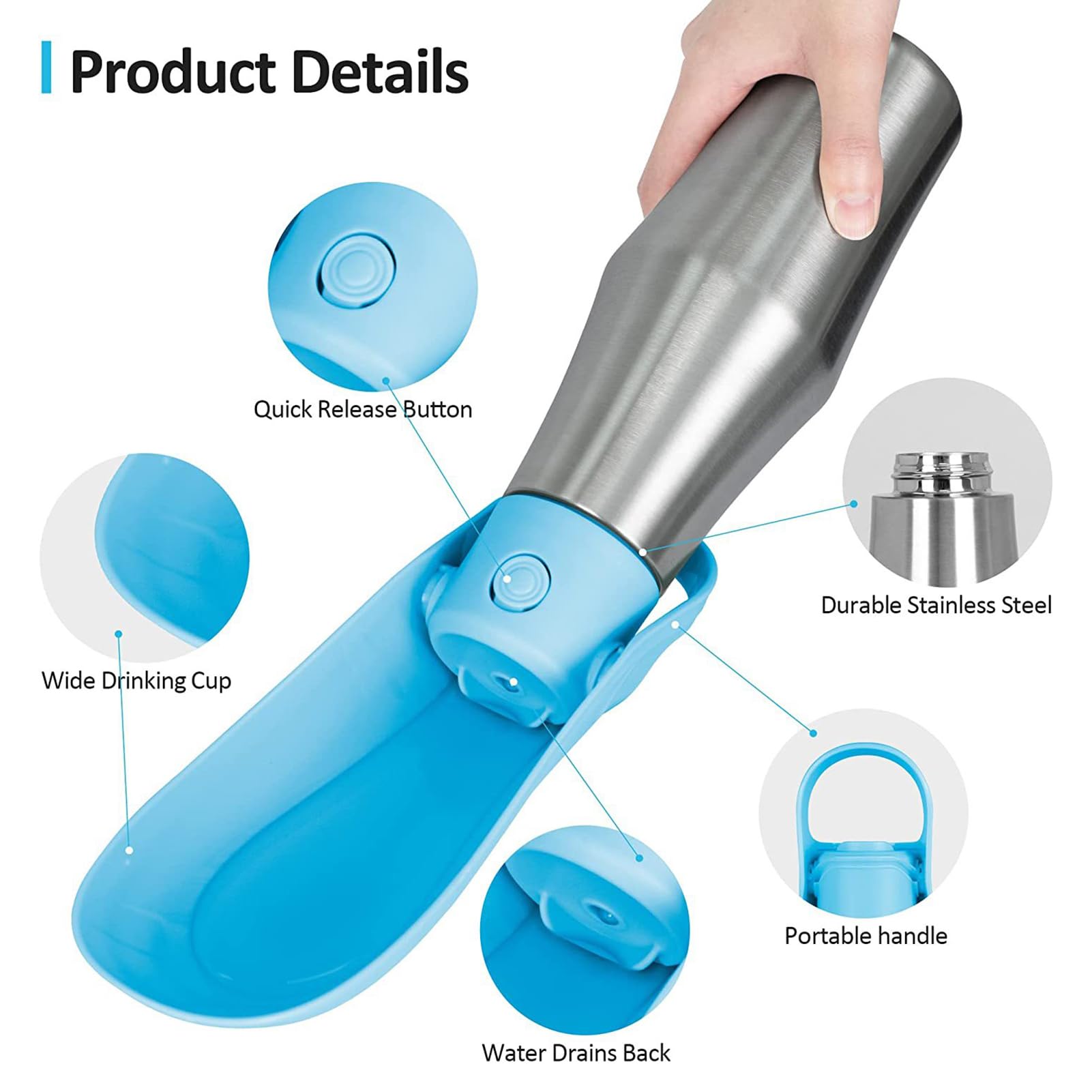 Borraccia portatile per cani, dispenser d'acqua per cani, in acciaio inox, tazza da viaggio per animali domestici, bottiglia d'acqua per esterni, ciotola pieghevole per cani (verde chiaro)