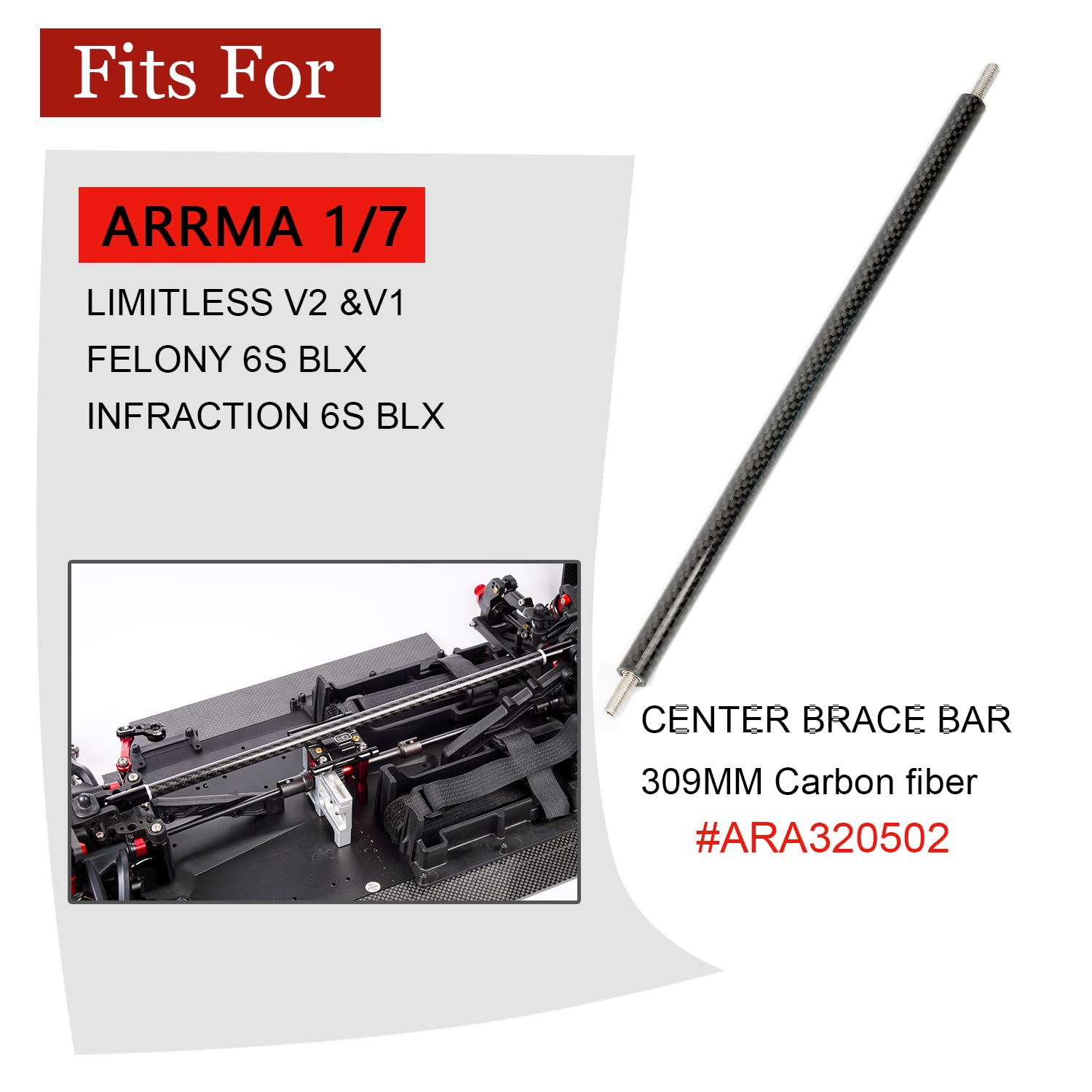 Carbon Fiber RC Center Brace Bar for Arrma 1/7 Limitless F1 Felony/Infraction/Limitless 6S, 309mm Length Lightweight Carbon Material Upgrades Replacement Part ARA320502