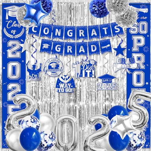 Image of Silver and Blue Graduation Decorations, Congrats Grad Banner, Photo Props, Balloons, Fringe Curtains, Class of 2025