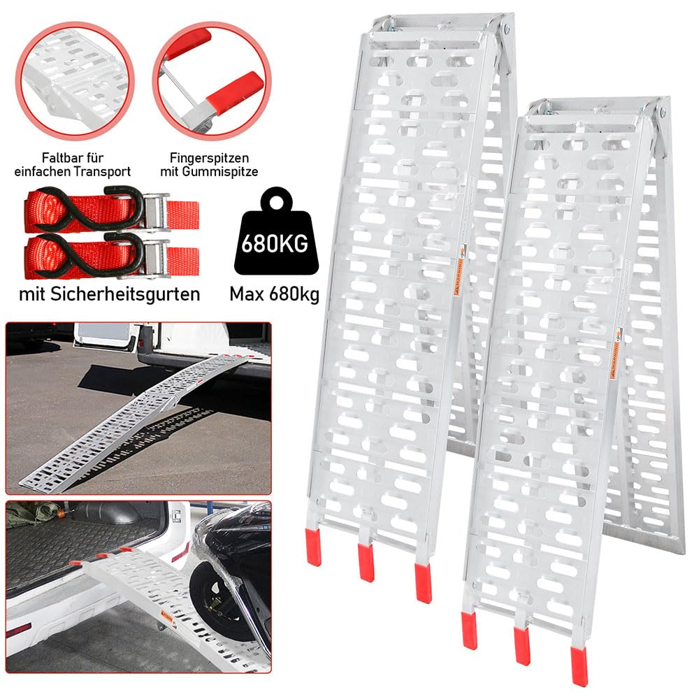 2X Auffahrrampe Klappbar 680kg Verladerampe rutschfeste Verladeschiene Verzinkter Stahl Rampe Auto,Laderampe geeignet für Motorrad, ATV Quad PKW,Rasenmäher leicht 226cm