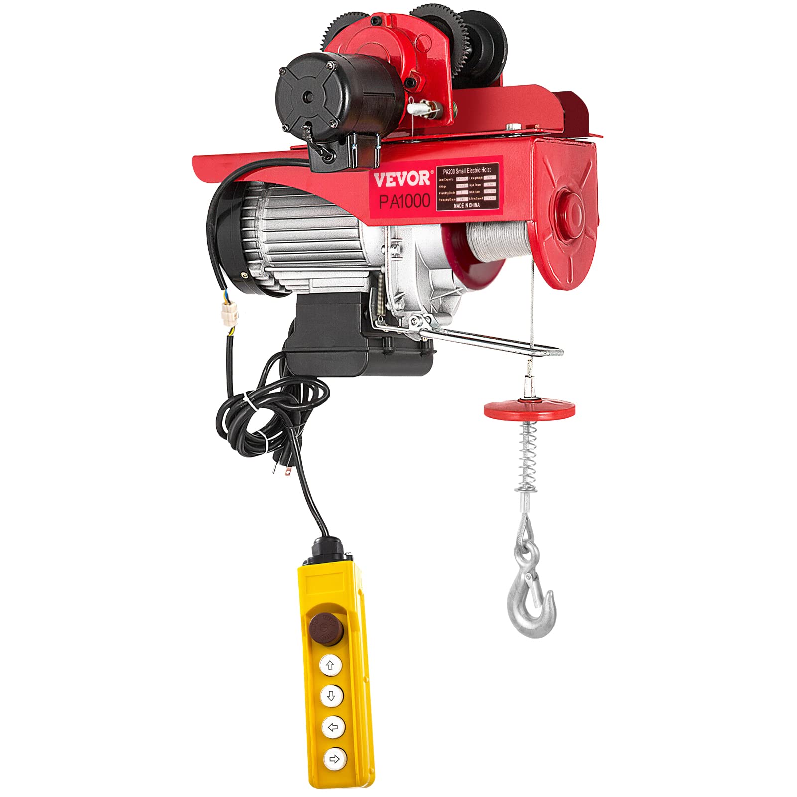 VEVOR Sollevamento Paranco Elettrico a Fune con Carrello 1000kg 220V, Paranco Elettrico Colore Rosso Altezza di Elevazione 3 m / 10 Piedi