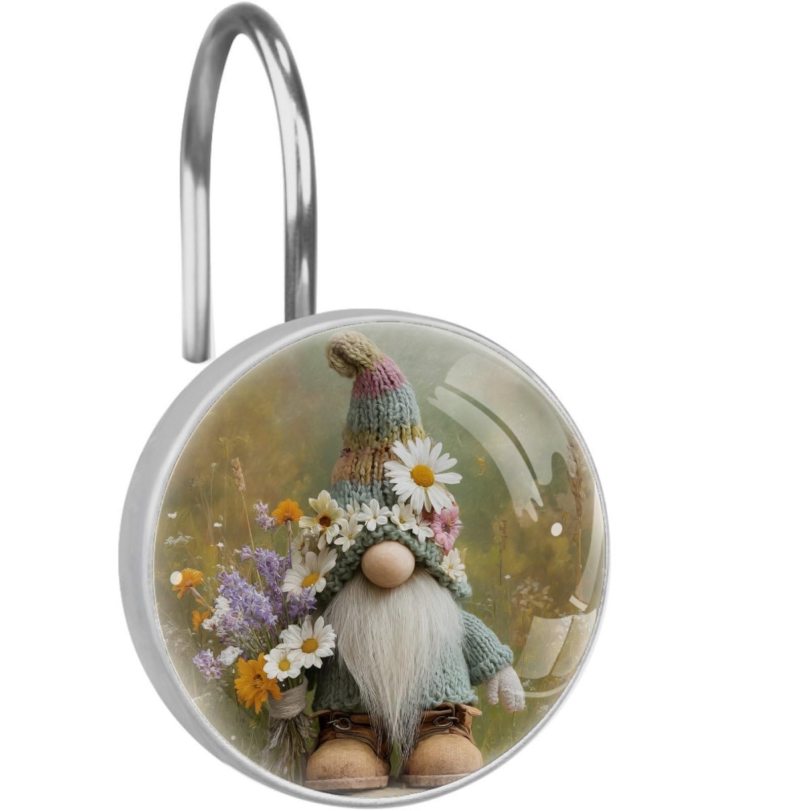 VAPOKF Decorative Shower Curtain Hook, Daisy Gnome Rustproof Stainless Steel Shower Curtain Hook for Bathroom, Shower Curtain Hangers for Shower Rod