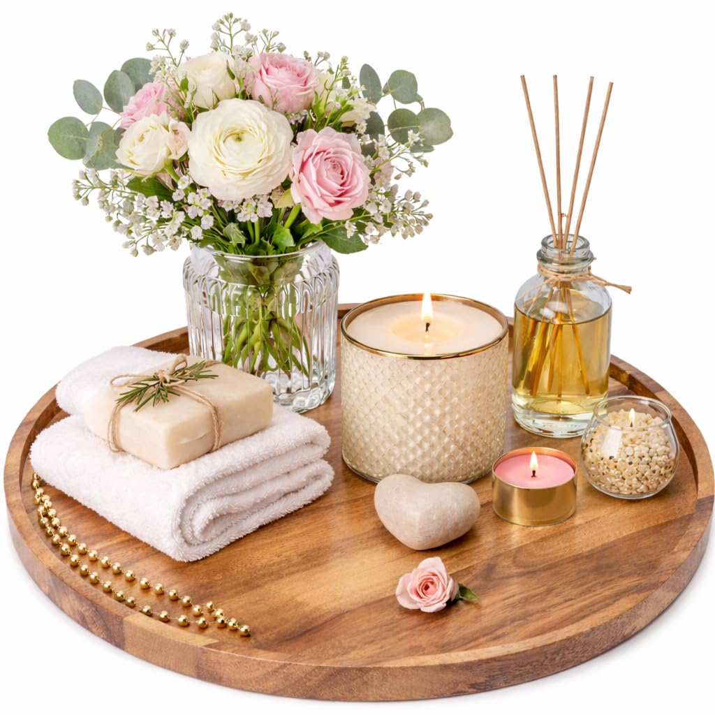 UHUD CRAFTS Premium Wooden Round Serving Tray Platter