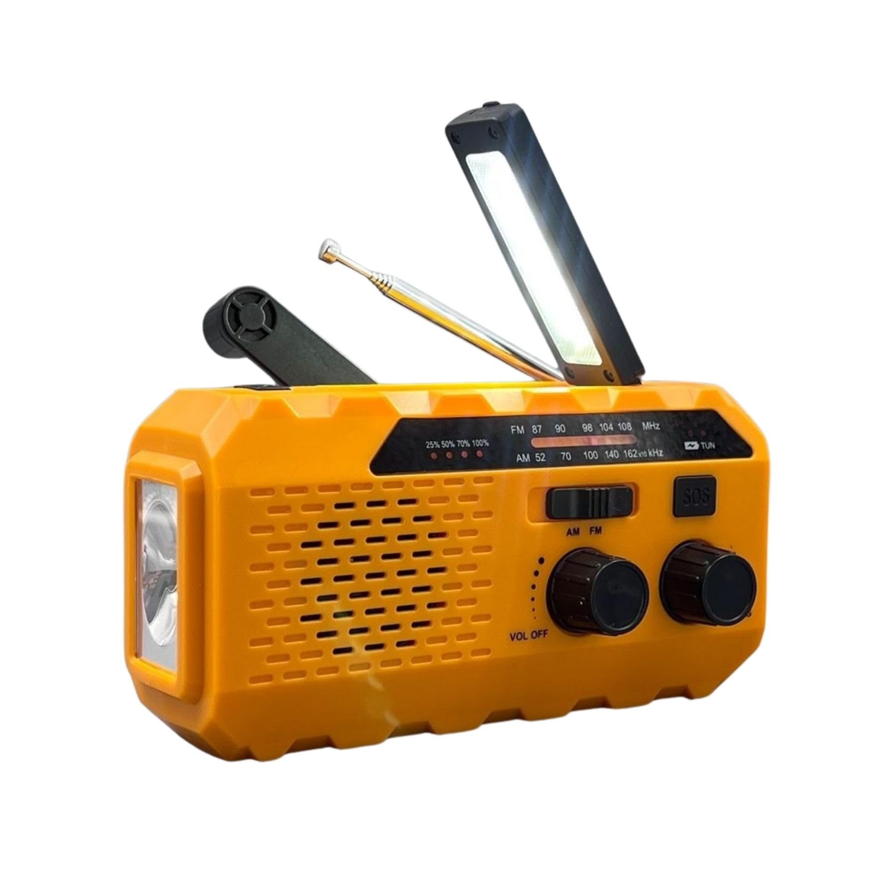 BSL Radio Portátil Am/FM CT-6127 | Carga Solar y manivela Dynamo | Linterna LED | Batería Recargable 2000mAh Almacenamiento y Carga Dispositivos externos | USB-A y USB-C.