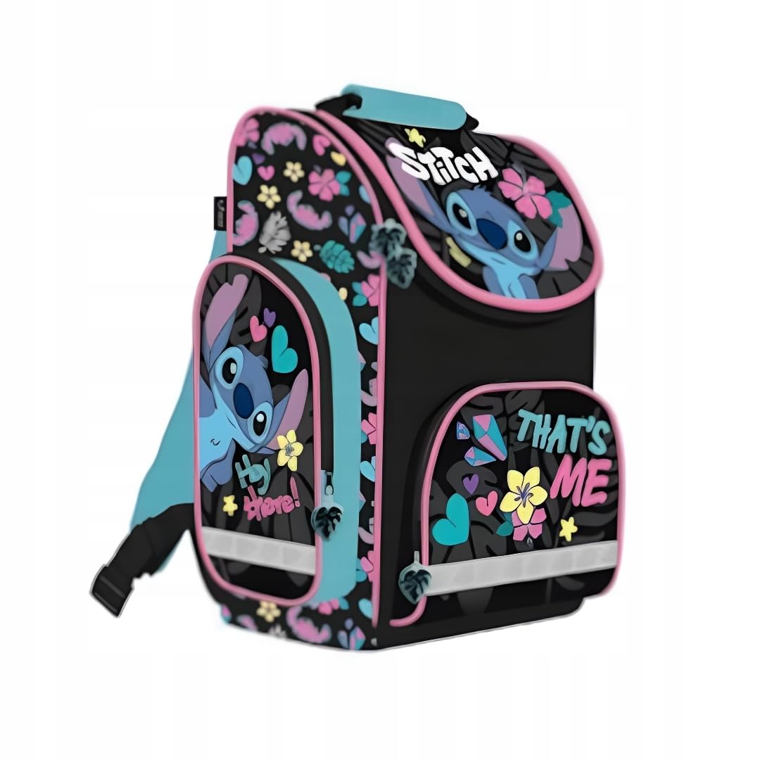 PASO - Schulranzen für Jungen und Mädchen, 6er-Set - Schul-Rucksack für Kinder mit Federmäppchen - Schuhbeutel Trinkflasche und Brotdose - Stitch Motiv - 1-3 Klasse