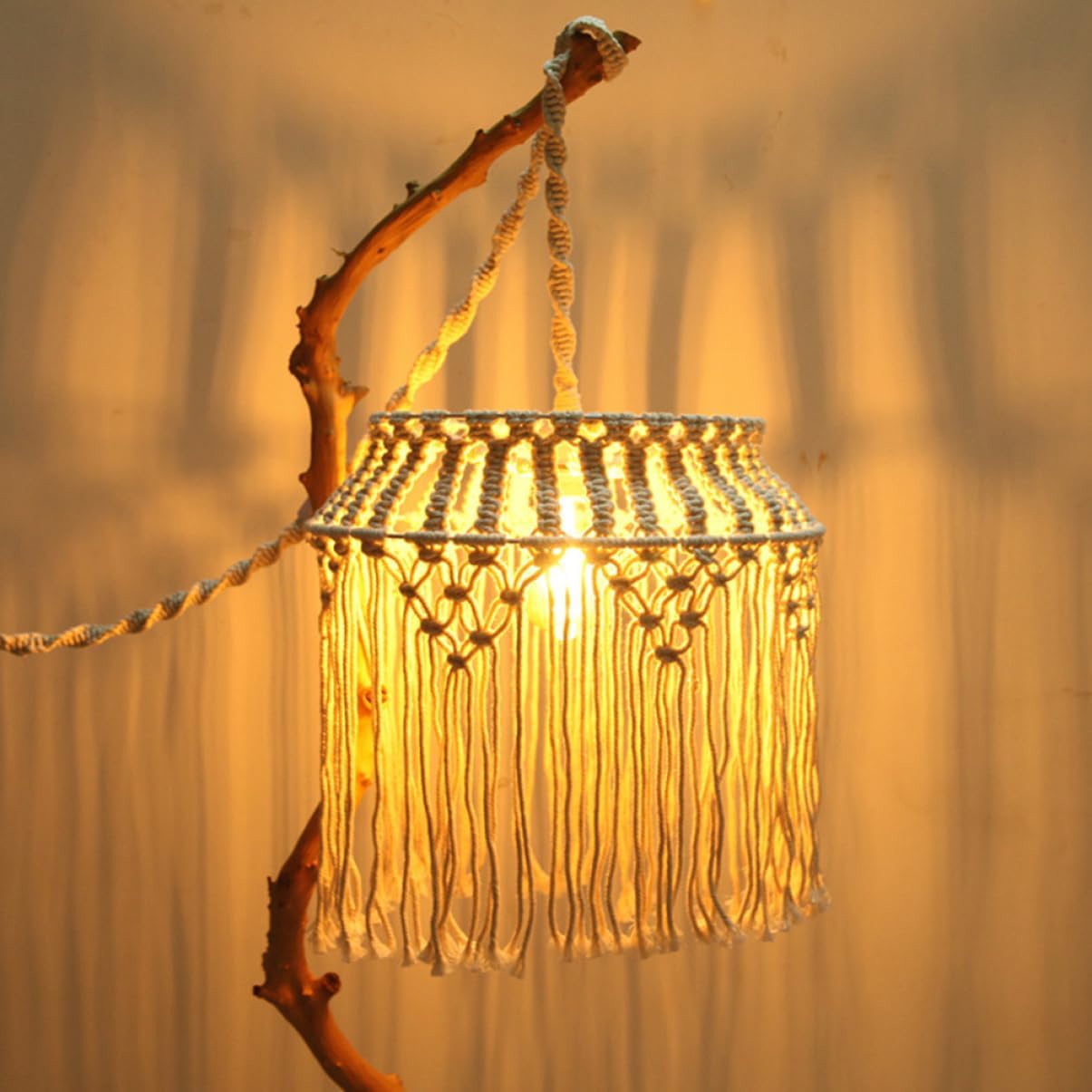 POPETPOP Boho Macrame Pendant Light Shade Woven Rope Lampshade for Living Room Bedroom and Home Decor Chic Ceiling Light Cover for Warm Ambiance and Relaxing Atmosphere