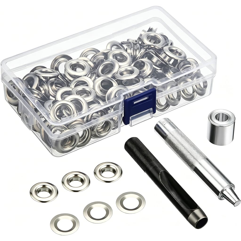 120pcs Ösen Werkzeug Set 6mm Metallösen mit Stanzwerkzeug, Ösenzange Kit für Planen, Leder, Stoff, Vorhänge, Markisen, Ringösen Hohlnieten Ösenset für DIY Handwerk, Silber Planenösen