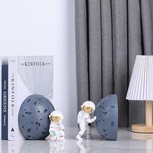 Miniatura 4 de Juego de 2 sujetalibros de astronauta gris, resistentes con base antideslizante, sujetalibros decorativos espaciales para habitaciones de niños,