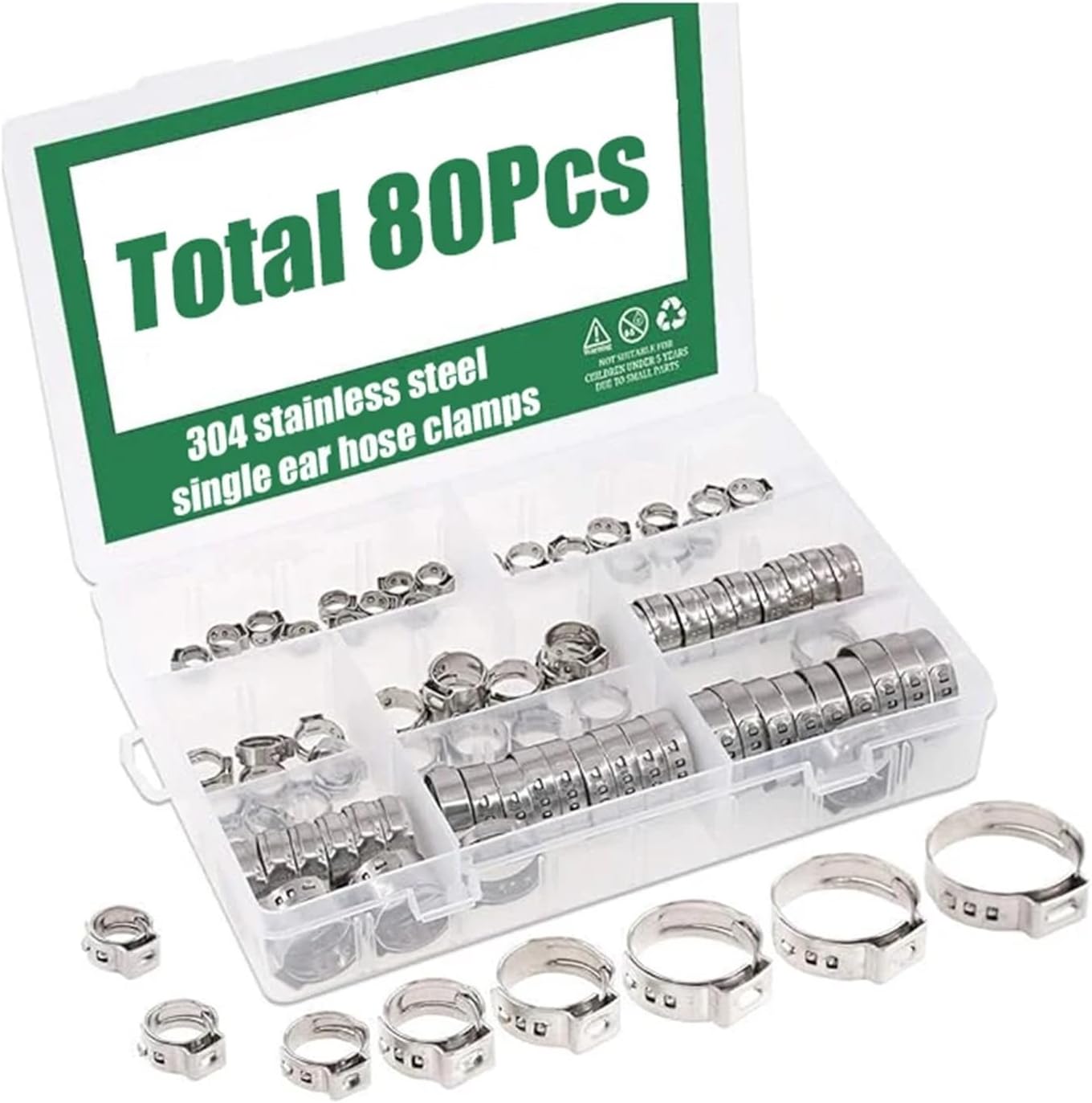 80pcs Hose Clamps 5.3-11.3mm Single Ear Stepless 304 Stainless Steel Hose Clamps Cinch Clamps Rings for Sealing Kinds