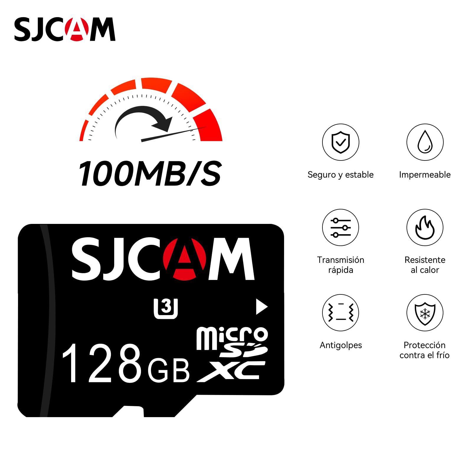 SJCAM Tarjeta de Memoria microSDXC de 128 GB, hasta 100 MB/s, 4K UHD, Clase U3, para Cámaras de Acción, Teléfonos Móviles y Tablets,Compatible con C300, C200PRO, C110, C110+, SJ20, SJ11, SJ4K