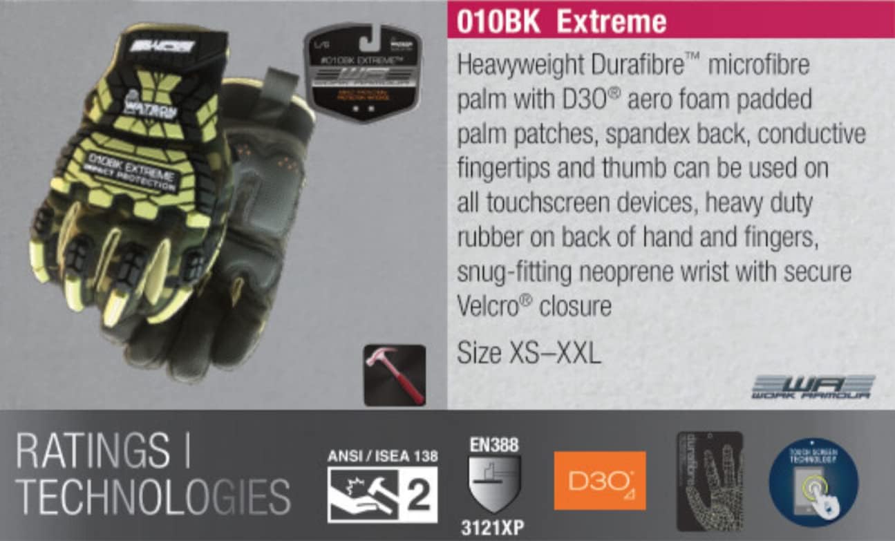 Watson Gloves, #010BK - Extreme Impact Resistant Work Gloves, Made from Recycled Plastic Bottles (1 Pair, Size Choice)