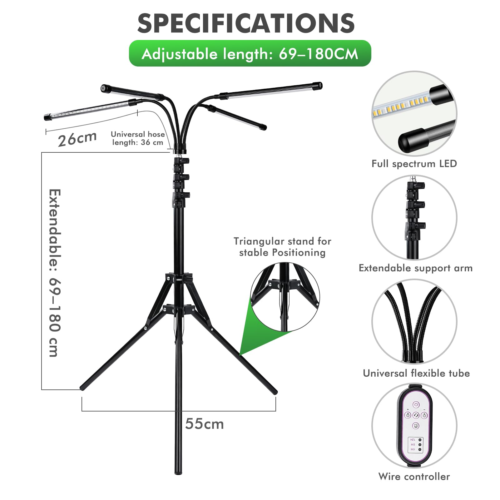 Lampe Horticole LED Avec Support, Lampe Horticole sur Pied à 4 Tubes, Filaire et Télécommandée, 80 LED, 10 Niveaux de Luminosité pour Plantes D'Intérieur (Version Avec Prise USB)