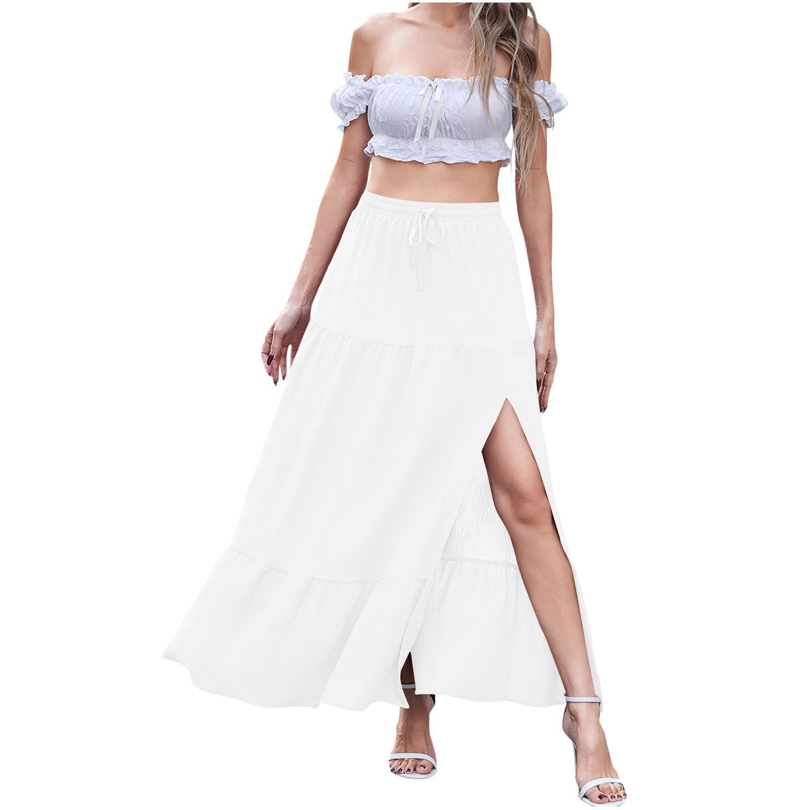 Womens Plus Size Skirt 2025 Summer Boho Slit Flowy Maxi Skirts Trendy Elastic Waist A Line Tiered Beach