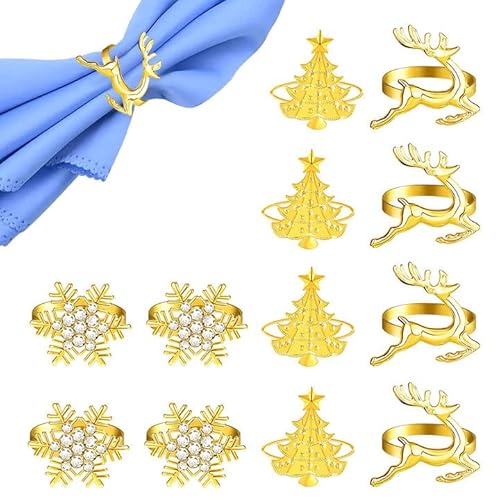 OTTYMO 12pcs Servilleteros de Navidad, Servilletero Navideño Dorado, Diseño de Reno, Árbol, Copo de Nieve, Servilletero para Decoración de Mesa Navideña, para Servilleta, Vajilla, Hogar, Restaurante