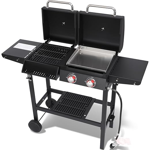 Charcoal and 2-Burner Propane Gas Combo Grill with Stainless Steel Griddle & Porcelain-enameled Cast Iron Grates, Dual Fuel BBQ Combo Grill for Outdoor Cooking