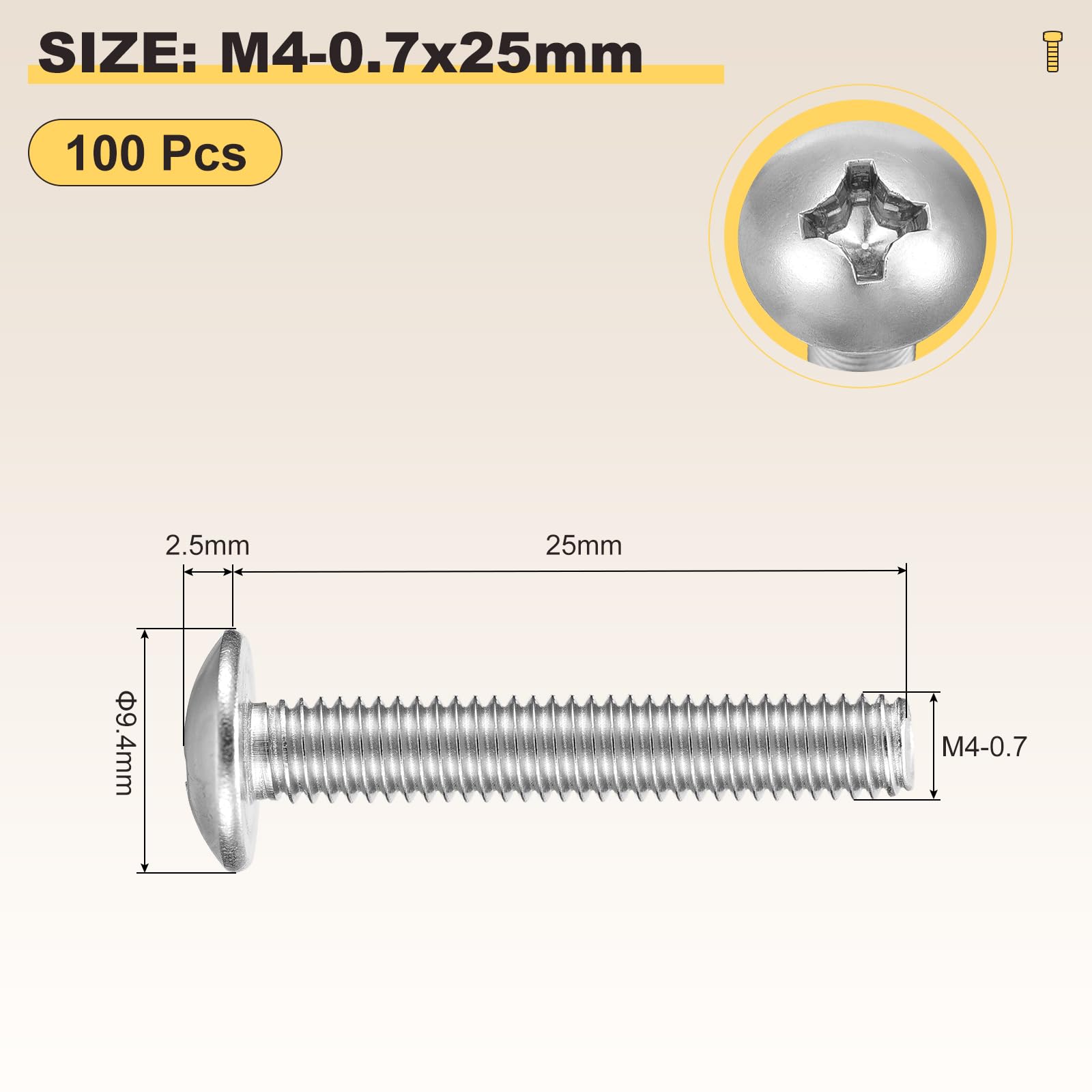 METALLIXITY Machine Screws Phillips Head(M4-0.7x25) 100Pcs, Steel Round Head Phillips Drive Furniture Bolts - Image 2