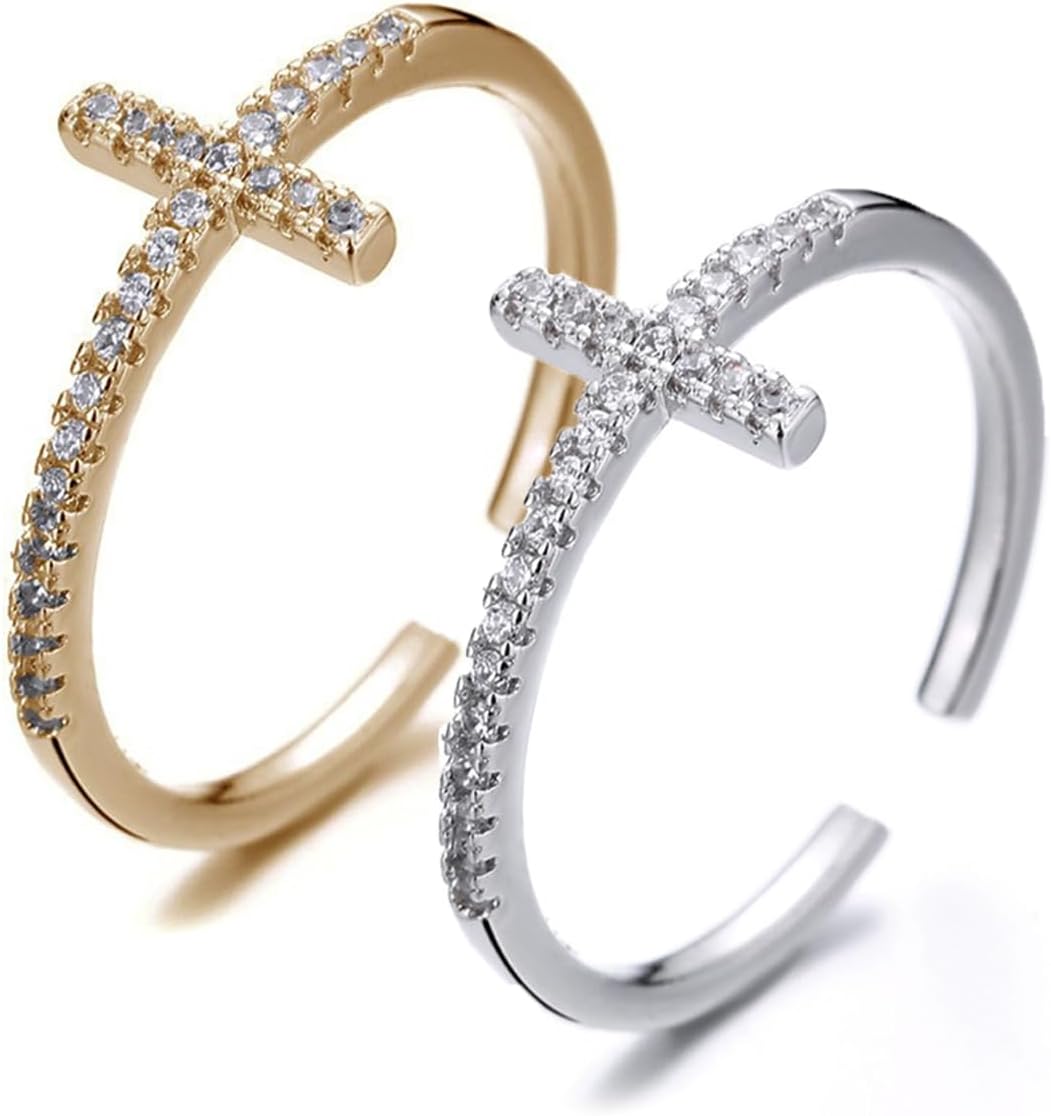 Hebelee 2 Pieces CZ Cross Promise Rings for Women Eternity Ring Stackable Wedding Open Band Rings Adjustable Finger Statement Engagement Jewelry