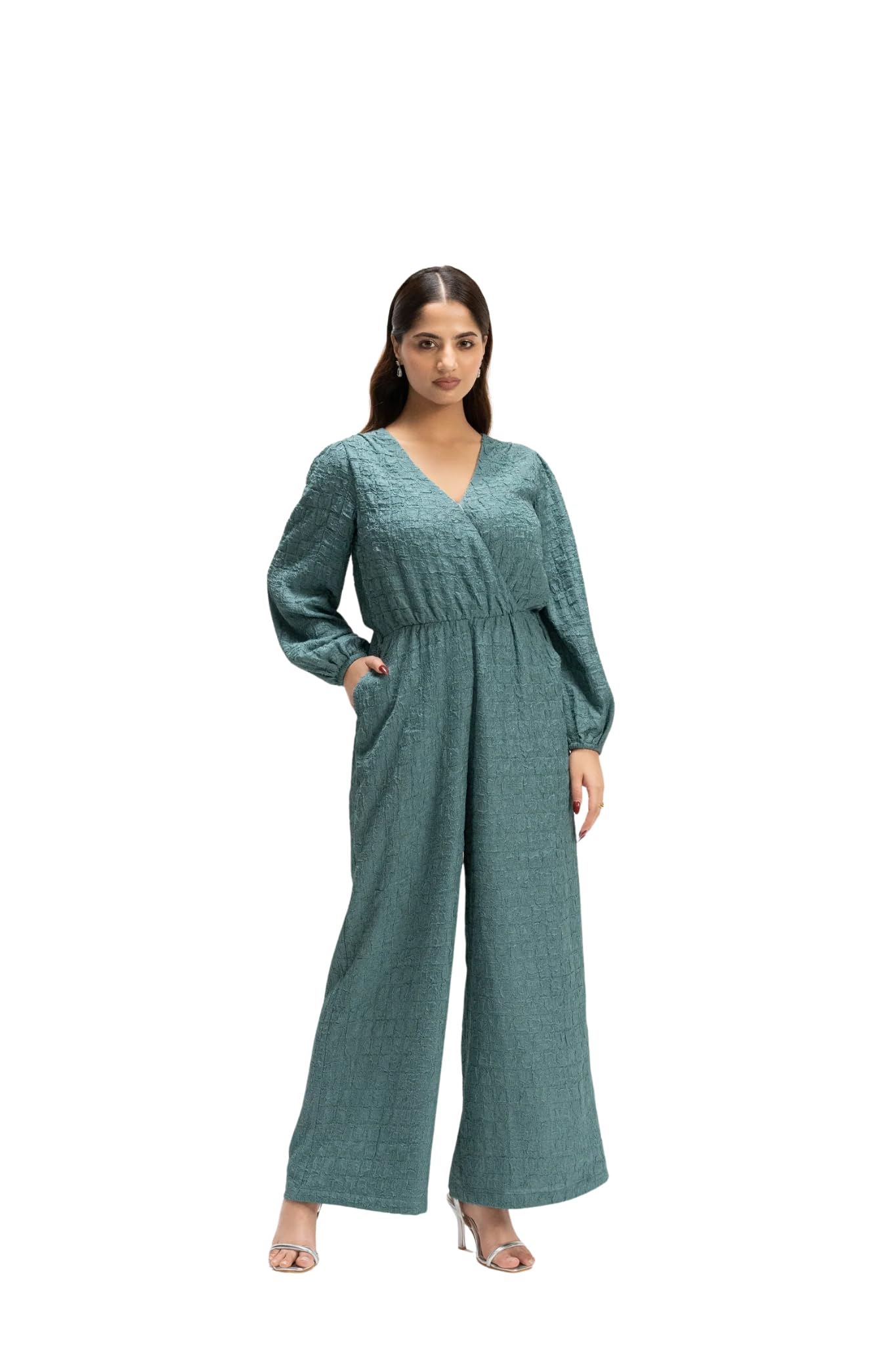 Women’s Sea Green Solid Jumpsuit Full Sleeve V Neck Straight Fit One Piece Outfit Button Closure Woven Polyester Casual Elegant Regular Fit Stylish Day Wear Occasion Dress-image-8