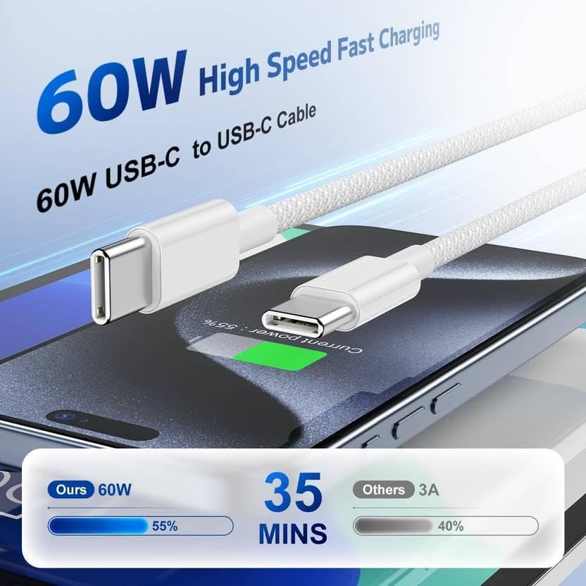 Image of 2-METER Type C to C Fast Charging Cable, White, 60W, 2 Meter, compatible with iPhone, iPad, iPod, Android, Long Cable,