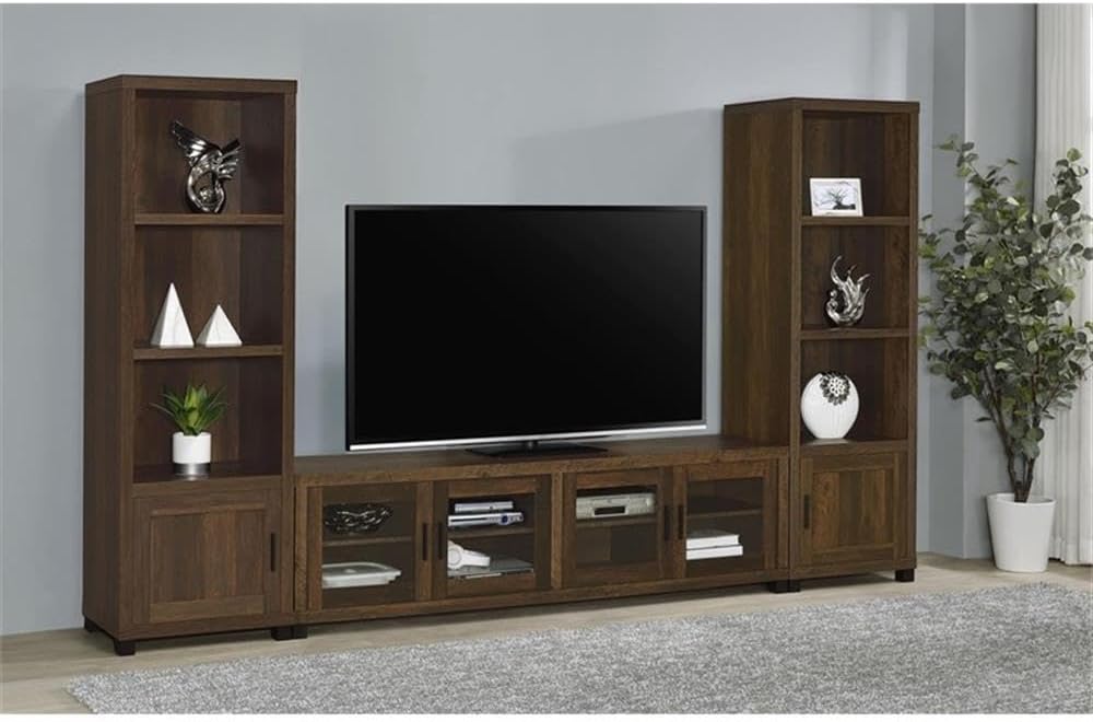 Pemberly Row 3-Piece Wood Entertainment Center, Dark Pine Finish, Includes TV Stand (21"H x 78.75"W x 15.5"D) and Media Towers (70.75"H x 23.5"W x 15.5"D), Adjustable Shelves, Glass Doors, Modern