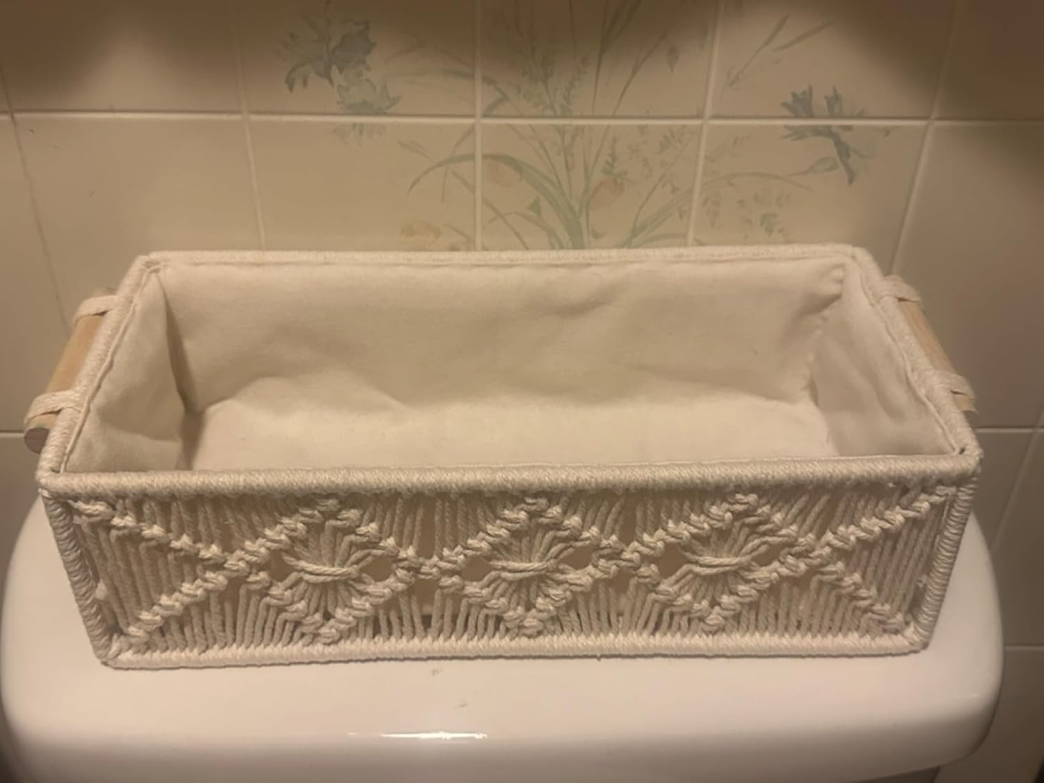Macrame Storage Basket Boho Decor Baskets for Organizing Woven Decorative Basket for Countertop Toilet Paper Basket for Toilet Tank Top Shelf Basket with Handle for Bathroom Decor Nursery