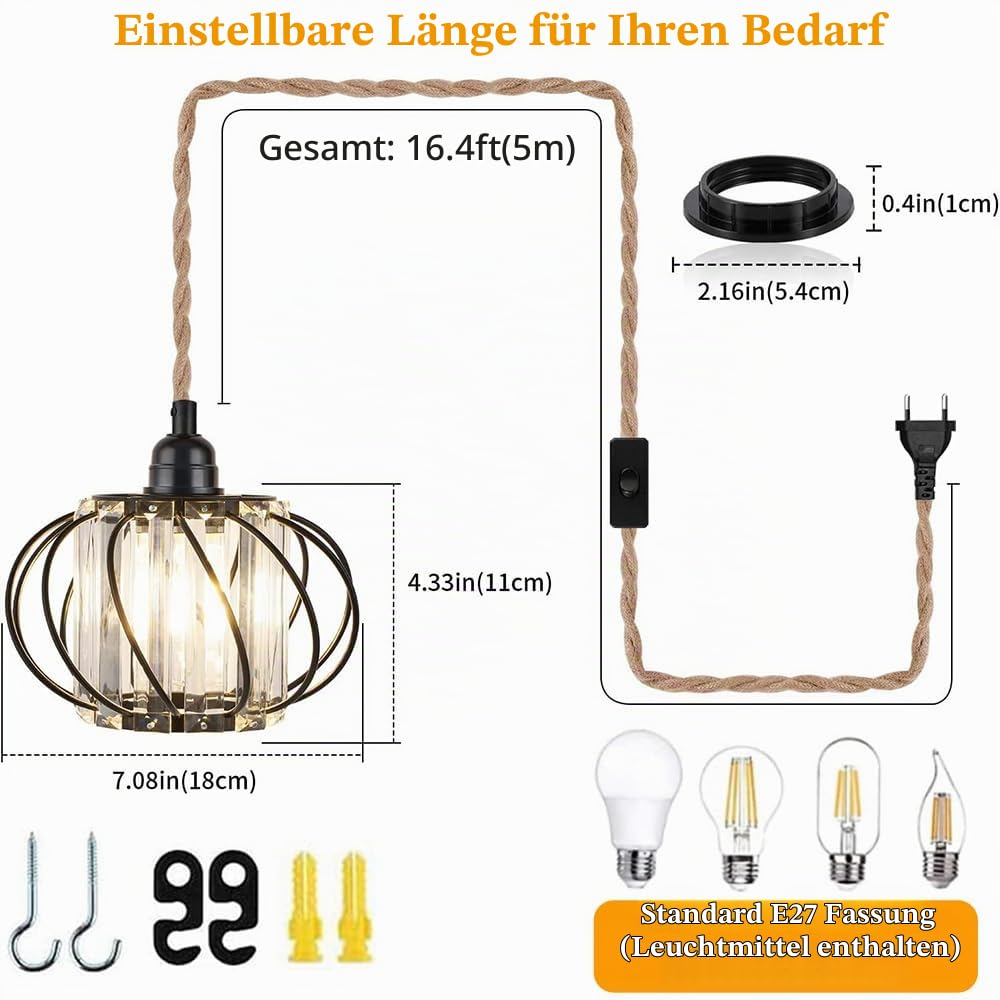 Pendelleuchte Kit mit Stecker E27 Retro Küche Hängelampe Lampenkabel mit 5 Meter Seil Kabel Dimmbar Plug in Hängeleuchte Schwarz Metall Kristall Lampenschirm Kronleuchter für Schlafzimmer Esszimmer