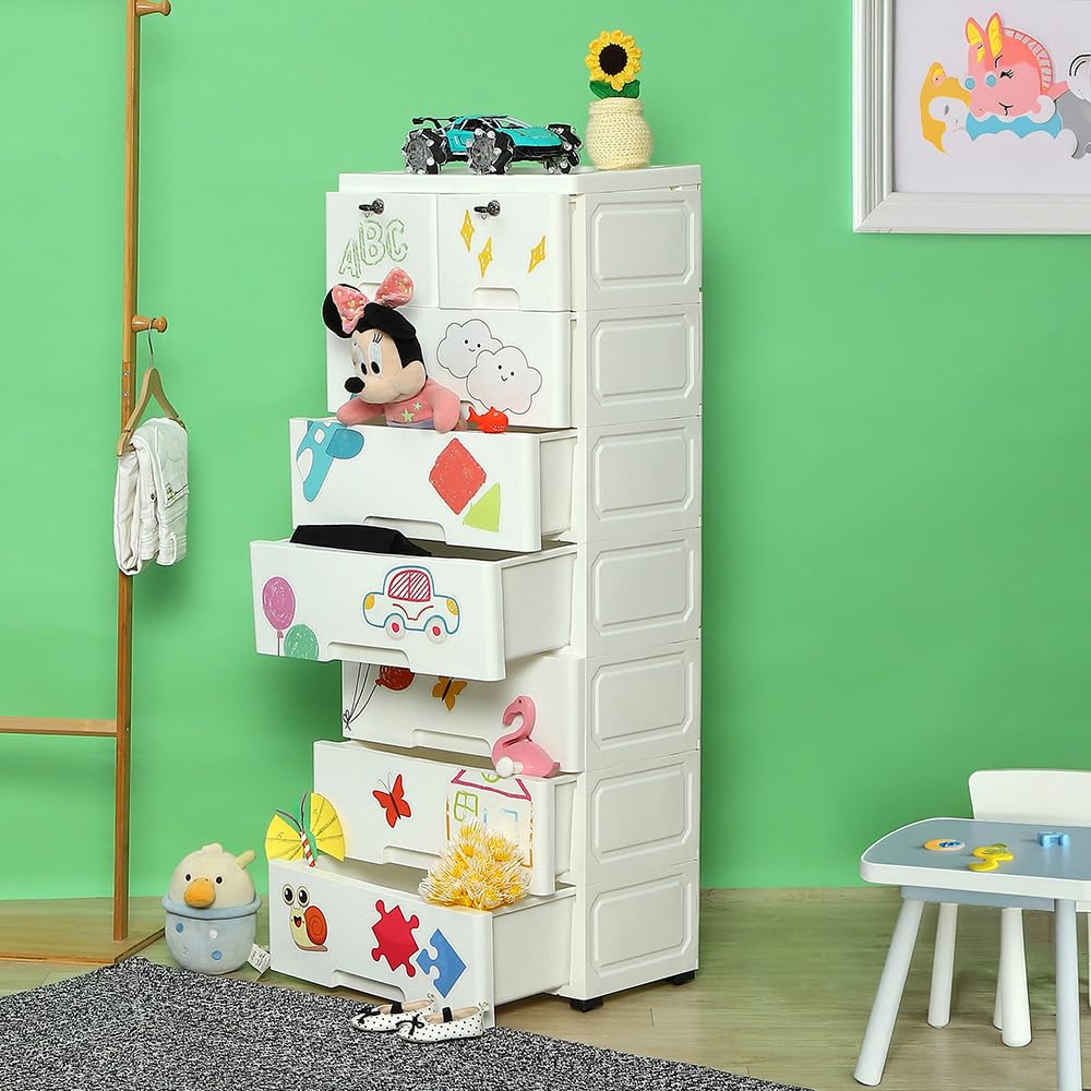 The Tickle Toe Plastic Chest of 8 Drawers for Kids | Multipurpose Organizer & Kids Wardrobe with 2 Locks | Glossy Dresser for Clothes & Toys | 44Lx28.5Wx114H cm | White-image-5