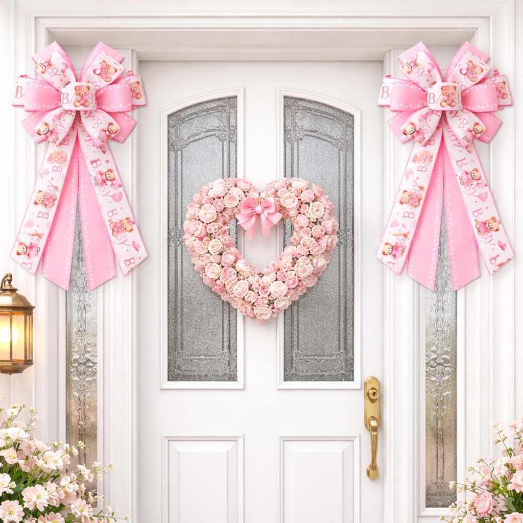 2 Pcs Pink Baby Shower BearDoor Bows, 21.87 x 11.4 Inch Large Decorative Ribbon Bow Set, Cute Animal Print Pink Bow with Long Tails for Nursery Decor, Wreath, Chair Back, Gift Basket, Wall Hanging