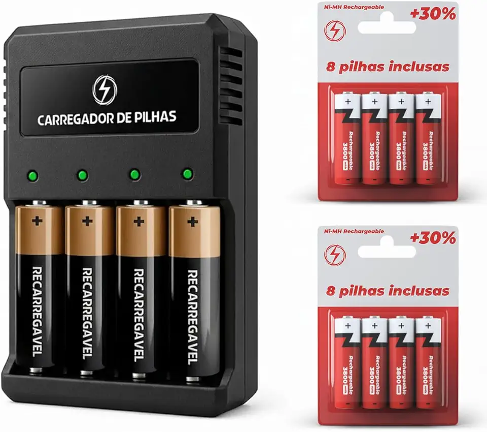 Carregador de Pilhas Recarregáveis Aa/aaa Bivolt - Kit Carregador com 8 Pilhas, 4AA e 4AAA Palito