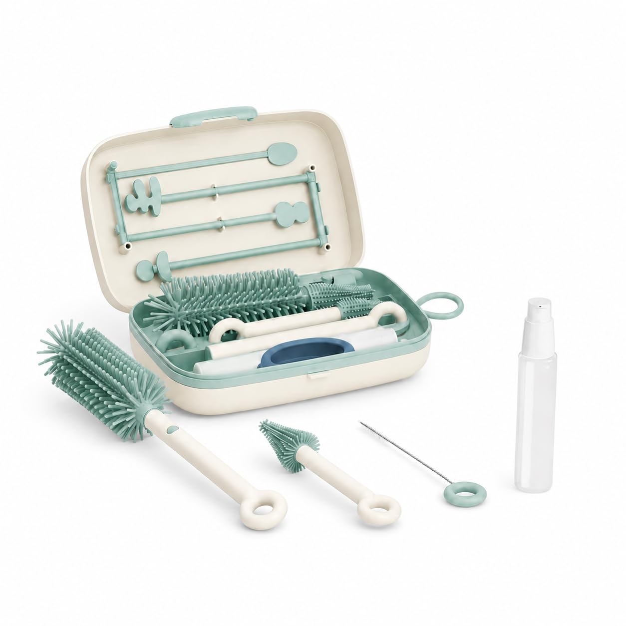 Momcozy Set Pulizia Biberon 7-in-1 in Silicone con Scolapiatti | Kit spazzole neonato, pulisci tettarelle e cannucce, dispenser sapone, stendibiancheria pieghevole, borsa viaggio, senza BPA