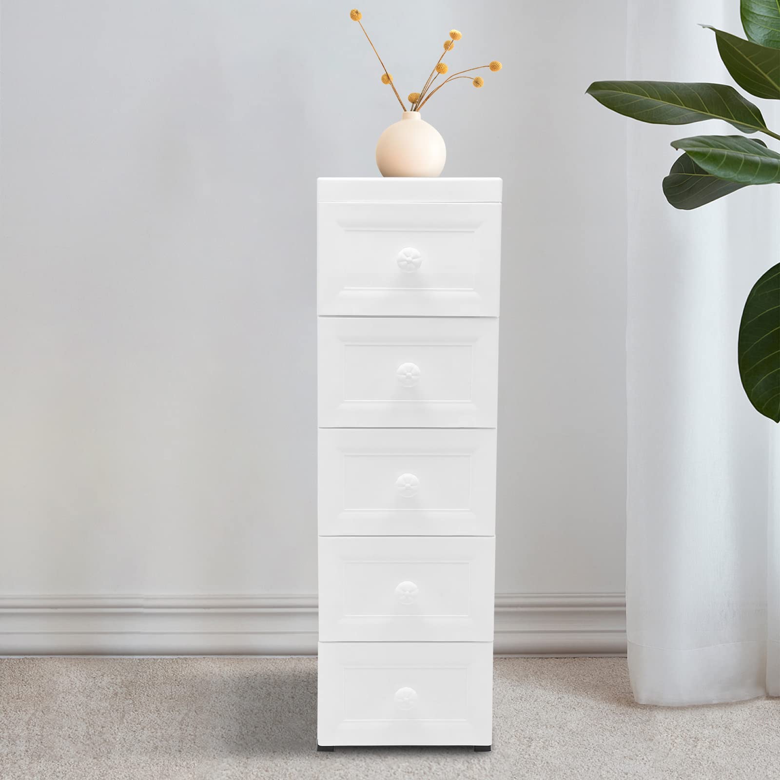 Cassettiera su ruote con 5 cassetti – Armadietto laterale, carrello da bagno, carrello da cucina, bianco, 25 x 34 x 82 cm
