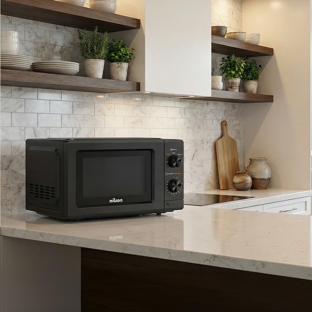 Nilson Micro-ondes, 19L, Installation Gratuite, Noir NMW2701N, 700W, 5 Programmes, Mécanique, Dégivrage, Revêtement intérieur, Nettoyage facile, Minuterie 30 Minutes