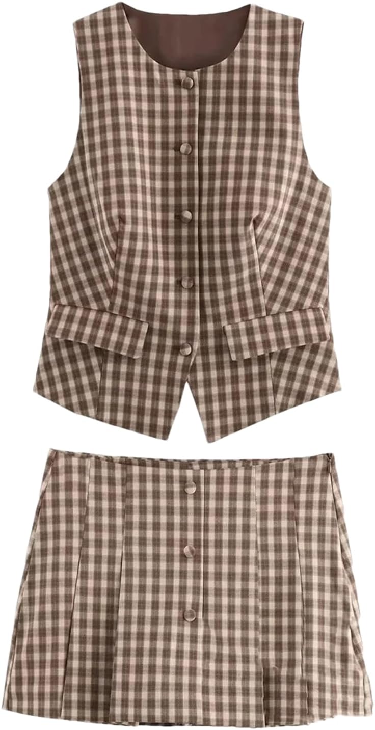 Women's Office Plaid Suit Single Breasted Sleeveless Blazer Zipper Straight Shorts
