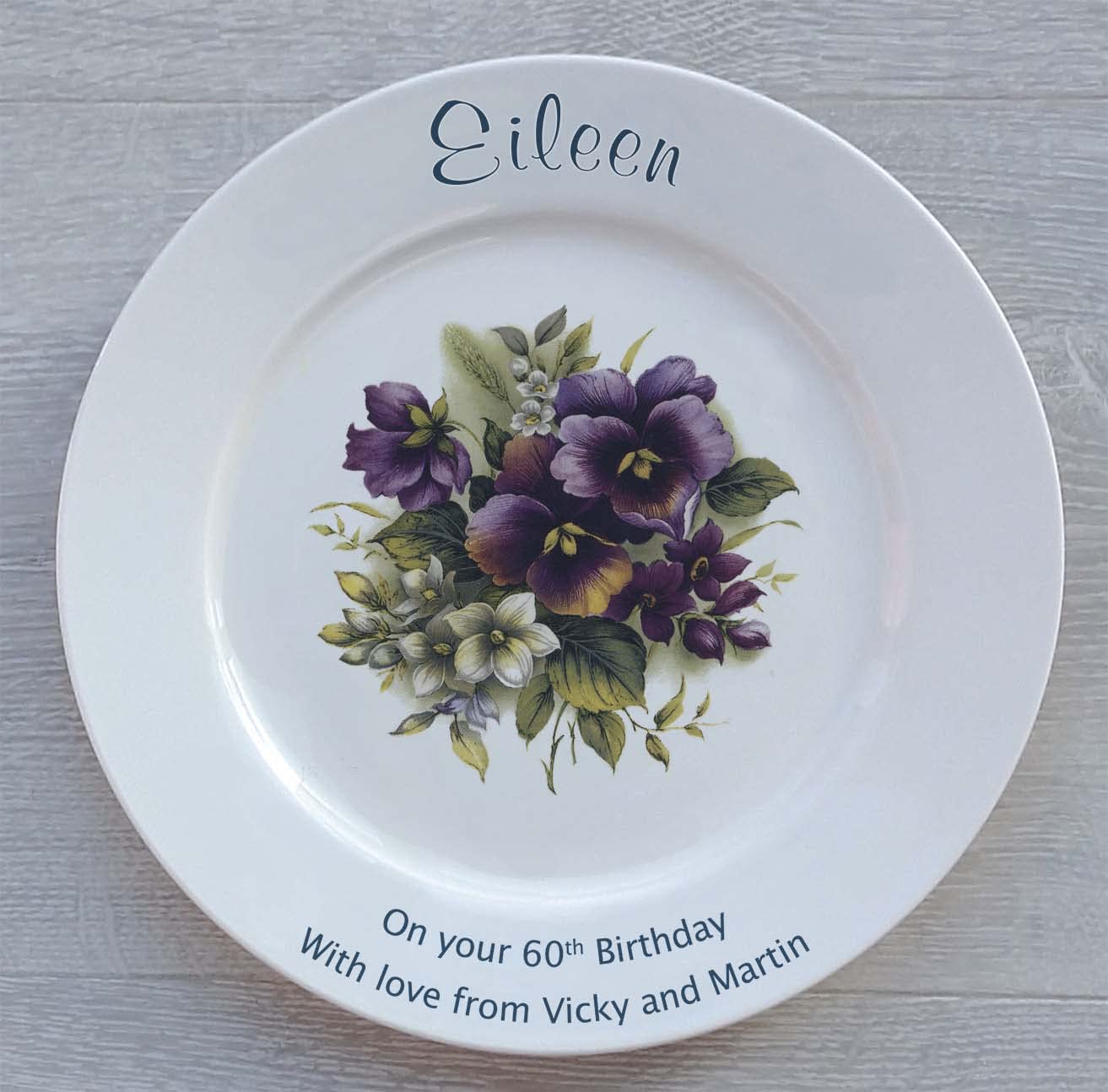 Personalised 80th Birthday Plate - Pansies Design with a Plain Rim