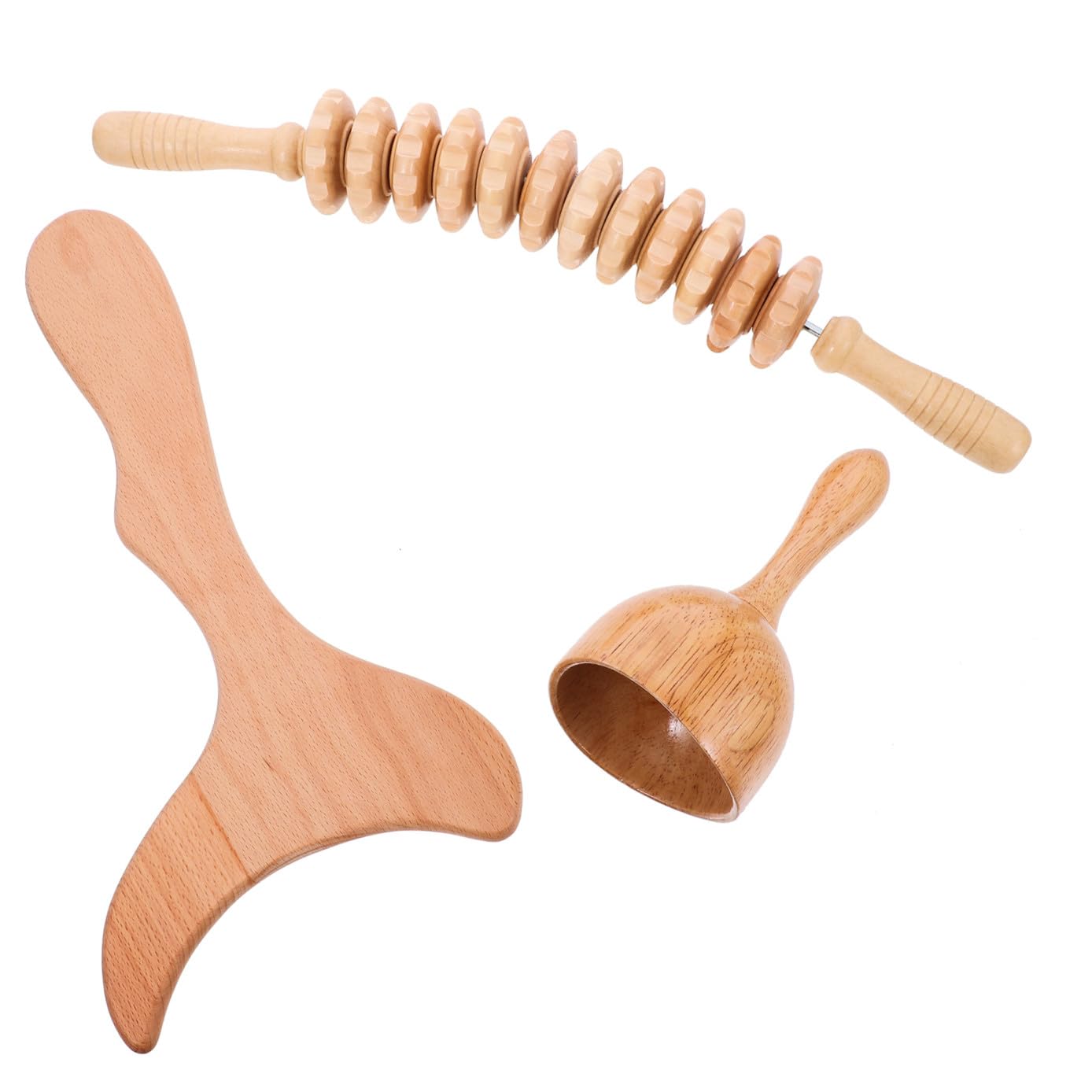 Massaggiatori per Corpo in Legno Kit 3 Pezzi Impugnatura Ondulata Antiscivolo per Massaggi Linfodrenanti e Uso Quotidiano