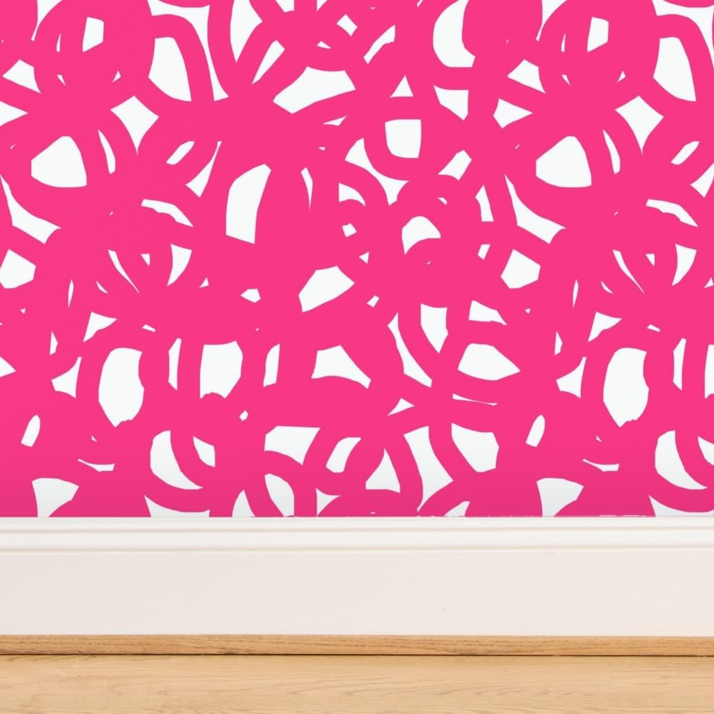 Spoonflower Commercial Grade Wallpaper 27ft x 2ft - Hot Pink Graffiti Swirls Electric Pink Neon Colorful Modern Abstract Traditional Wallpaper