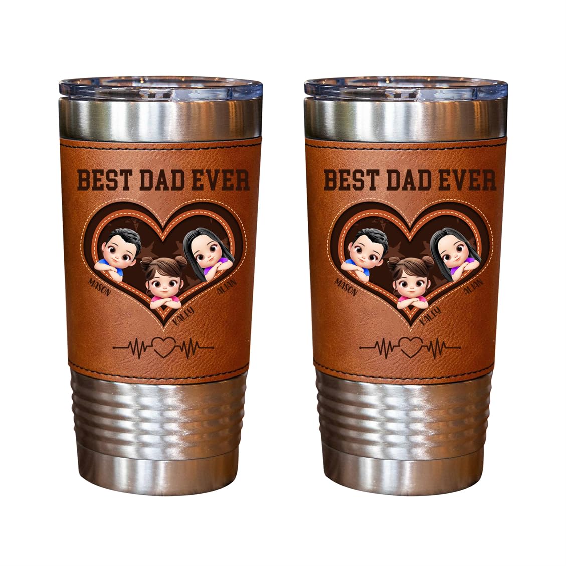 Personalized Best Dad Daddy Grandpa Ever Leather Tumbler Custom Father's Day Childs Portrait Tumbler with 1-5 Name Stainless Steel Travel Mug Coffee