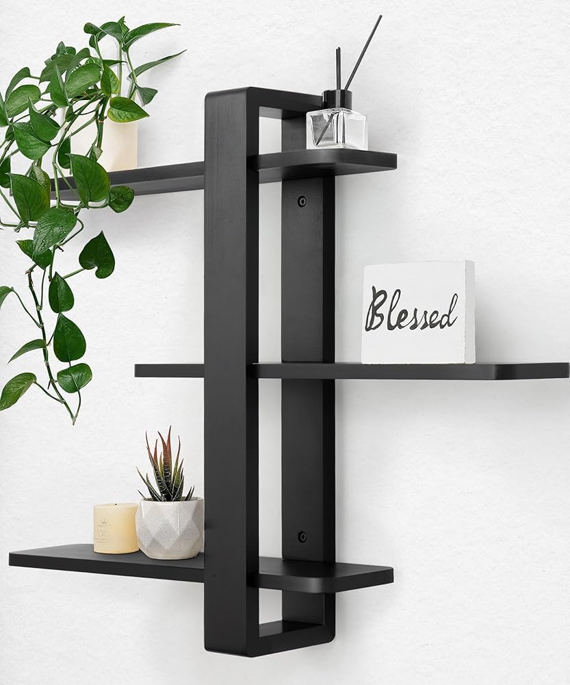 Floating Shelves Black for Wall Mounted Shelving Unit All Pine Wood 50CM 3 Tier Large Shelf for Living Room Bedroom Office Bathroom Home Decoration Storage Plant Photo Display
