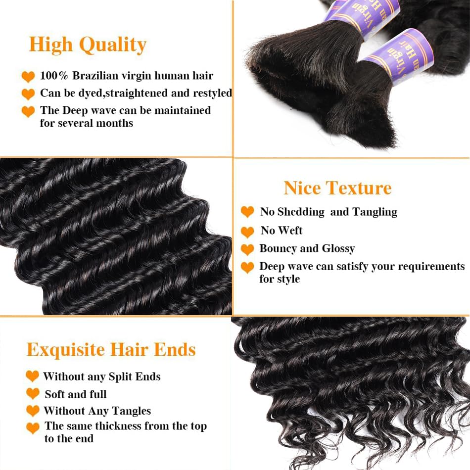 Miniatura 2 de Cabello humano ondulado profundo a granel para trenzar sin trama, extensiones de cabello rizado profundo, 100% cabello humano virgen brasileño a