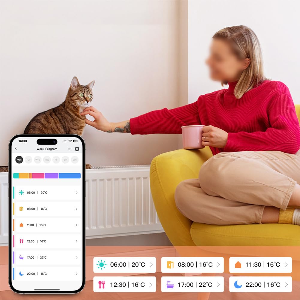 Vanne de Radiateur Thermostatique Intelligente WiFi, Contrôle par Application Smart Life/Tuya, Compatible Alexa & Home, 6 Modes, Programmation, Détection Fenêtre Ouverte, Verrou, passerelle requise