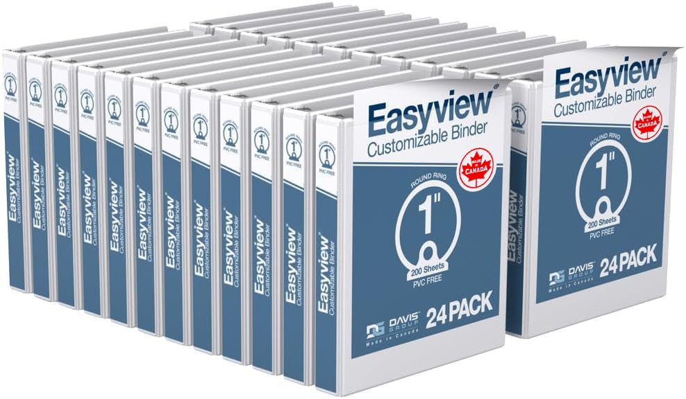 Image of Easyview 3-Ring Binder, Clear-View Cover, 1 inch Round Rings, White, 24 Pack | Heavy-duty binder, fits 8.5 inch x 11 inch paper, customizable cover, made in Canada, ideal for school or office use