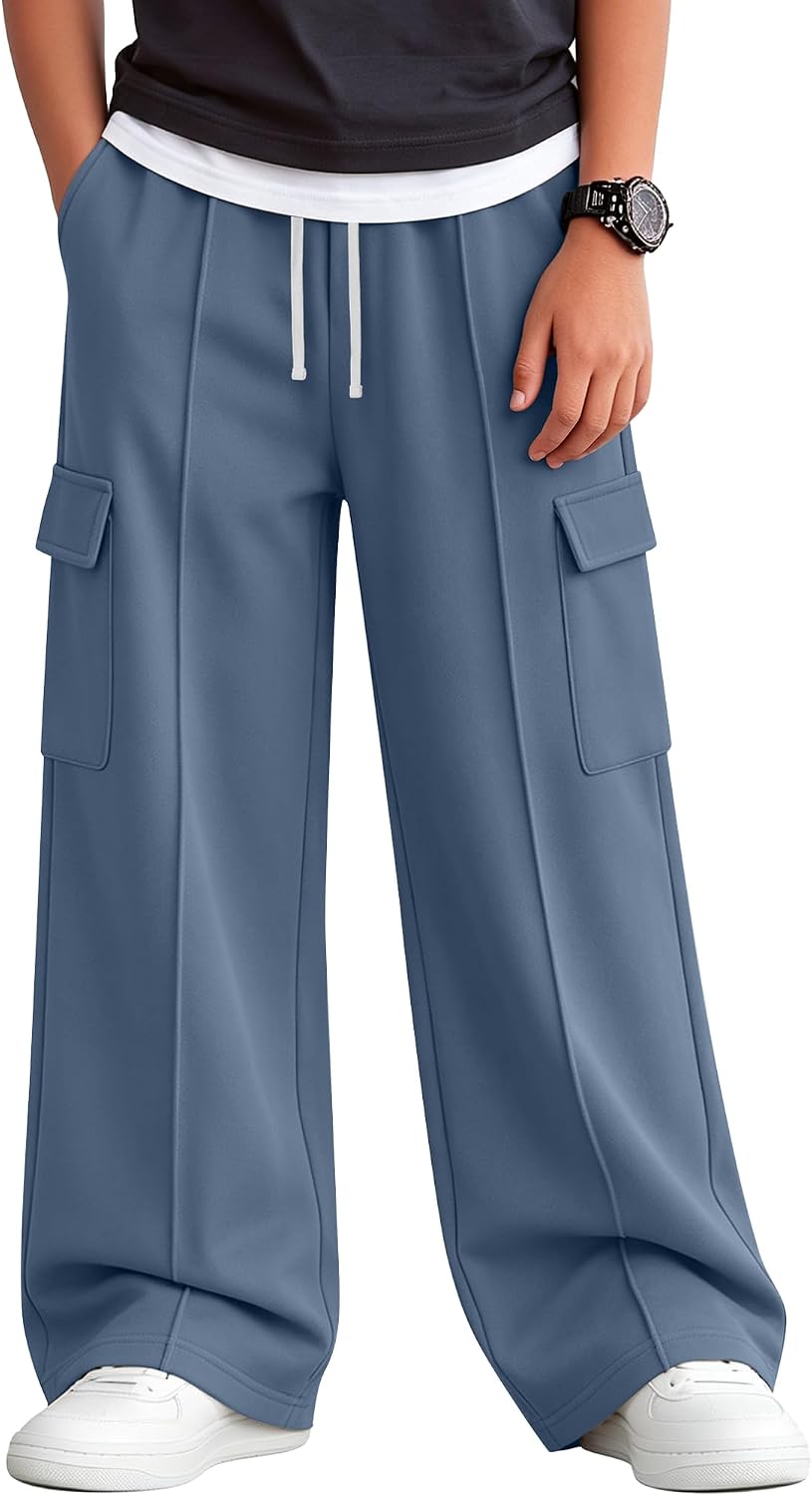 Boy's Cargo Sweatpants Wide Leg Active Athletic Baggy Loose Pants Elastic Waist Drawstring Joggers with 4 Pockets