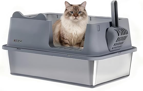 Stainless Steel Cat Litter Box, Open Top High-Sided Metal Litter Box with Scoop, Extra Large Litter Boxes for Kitty Kitten and Big Cats, Anti-Urine Leakage, Non-Sticky, Easy to Clean Grey