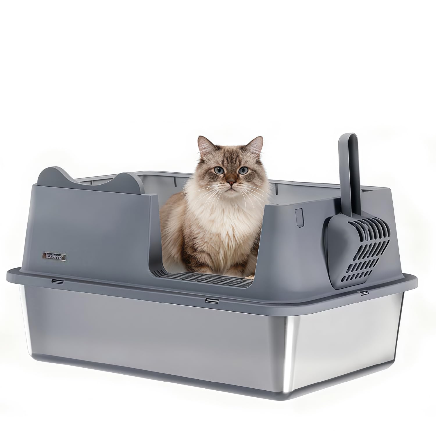 Stainless Steel Cat Litter Box, Open Top High-Sided Metal Litter Box with Scoop, Extra Large Litter Boxes for Kitty Kitten and Big Cats, Anti-Urine Leakage, Non-Sticky, Easy to Clean (Grey)