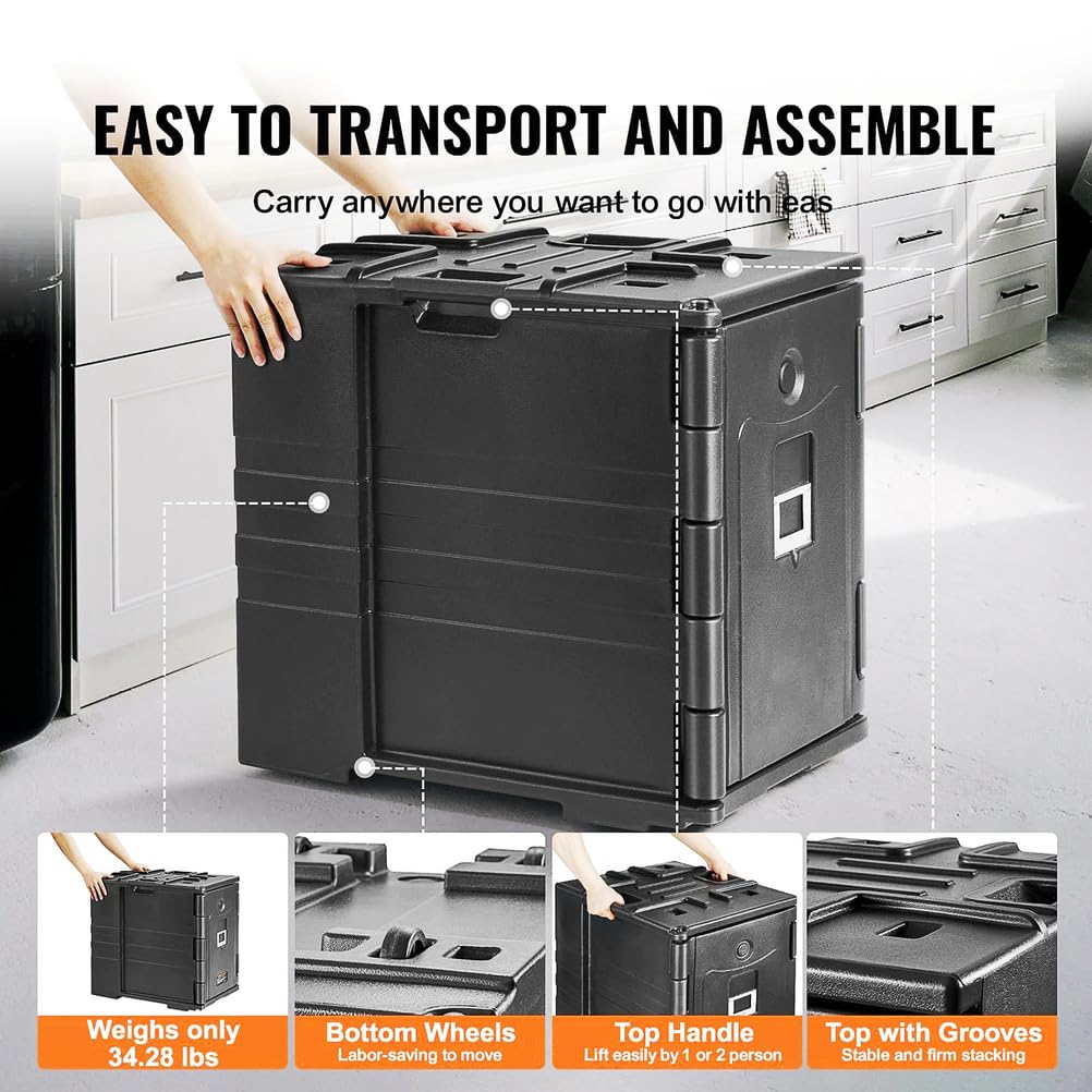Caja de poliestireno de 90 l, porta alimentos aislante, con asas y ruedas integradas, calentador de alimentos de carga frontal, para transporte de alimentos en camping y picnics, color negro