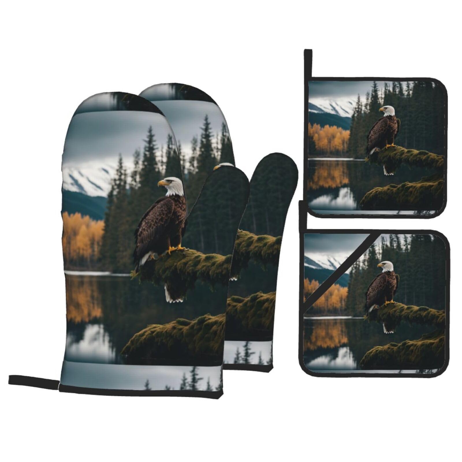 Flying Eagle Print Kitchen Oven Mitts And Pot Holders Set,Hanging Loop Design For Cooking Baking Bbq