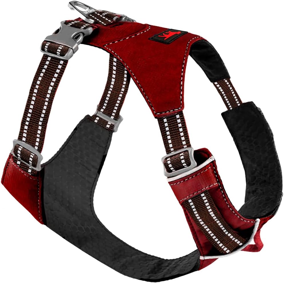 Tuff Pupper All-Day Wear Dog Harness | for Walking, Trail Running, Hiking | Front & Back Leash Clips | Reflective Trim | Easy On/Off Buckles | Lightweight Breathable | No Pull Design (Medium, Red)